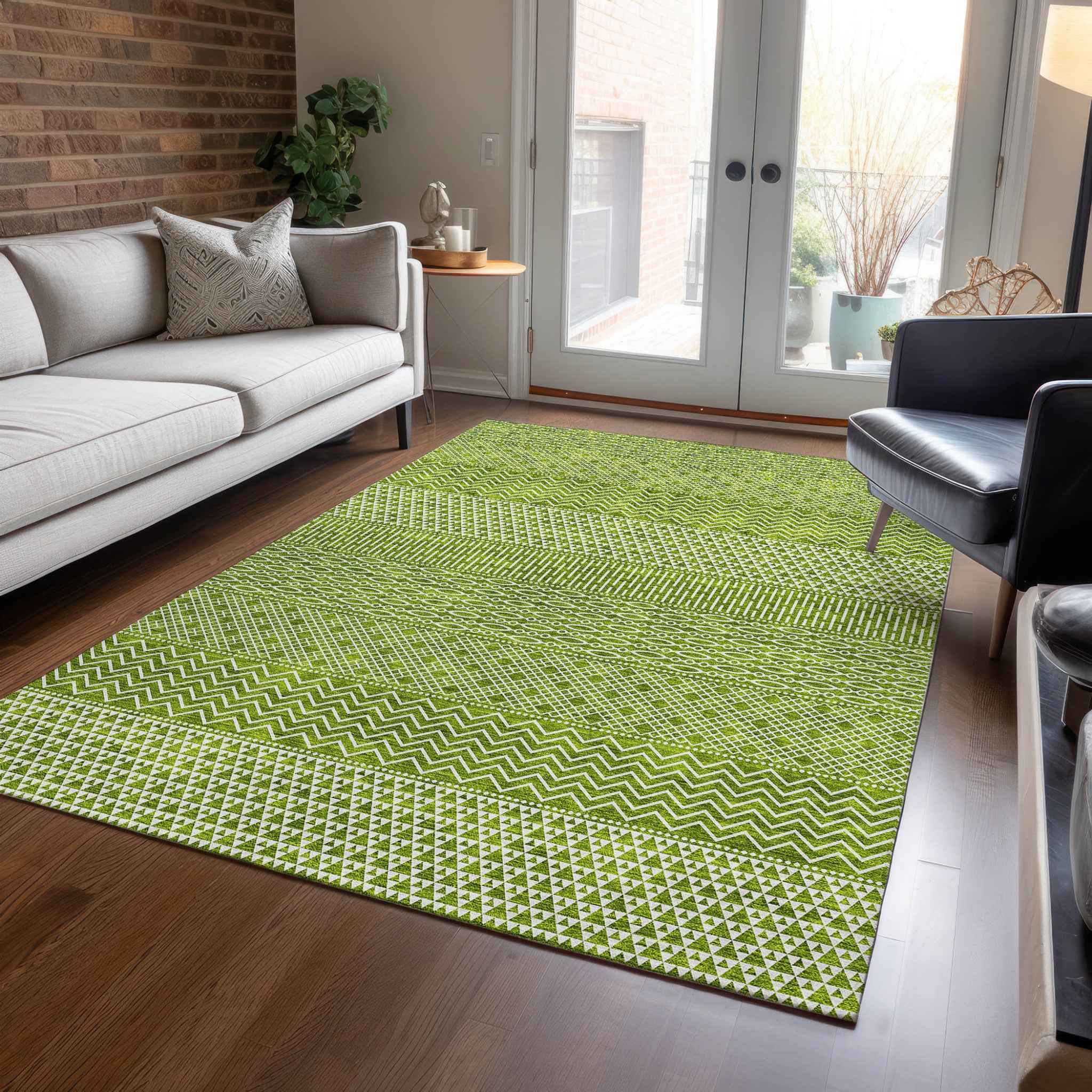 9' X 12' Lime Green And Ivory Chevron Washable Indoor Outdoor Area Rug