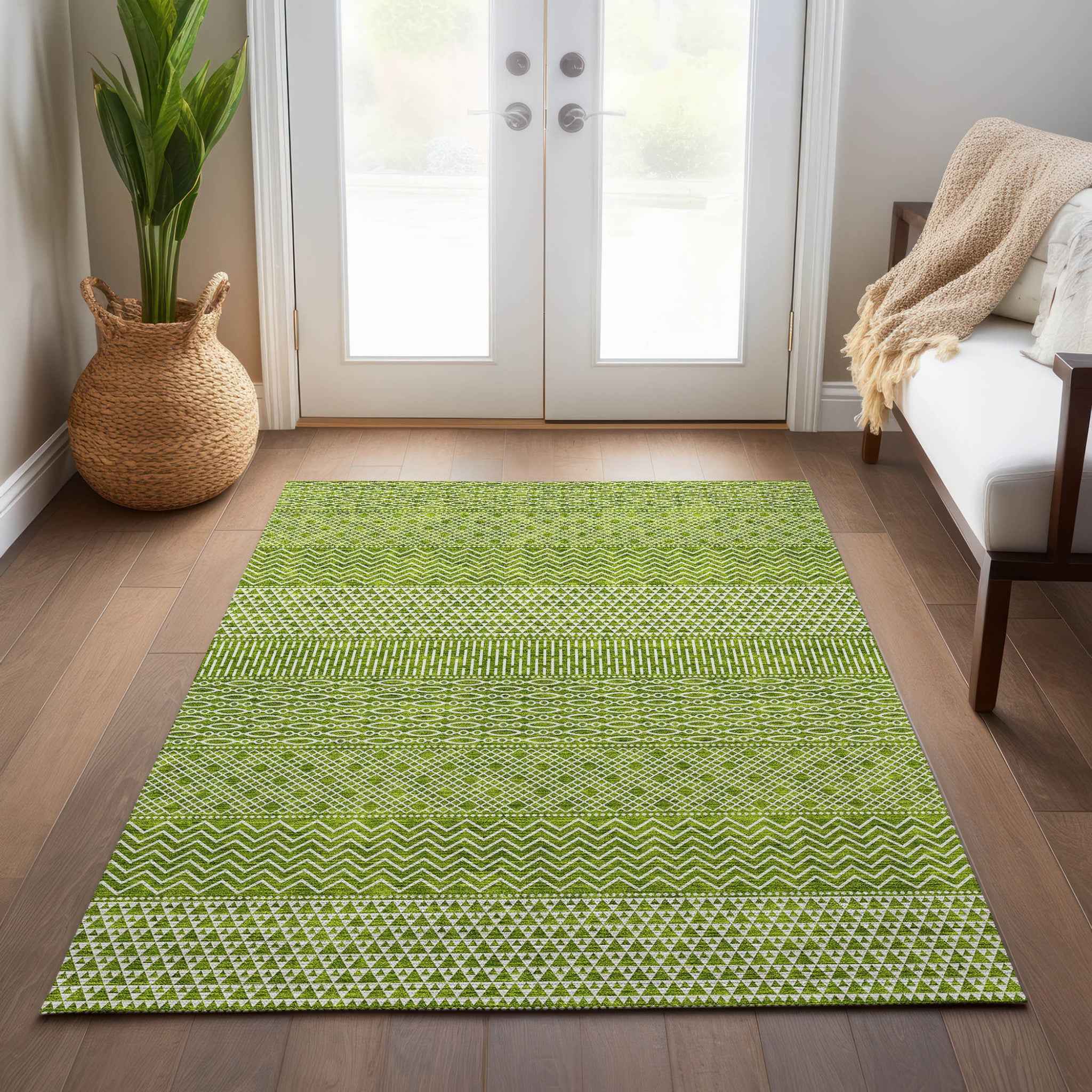 9' X 12' Lime Green And Ivory Chevron Washable Indoor Outdoor Area Rug