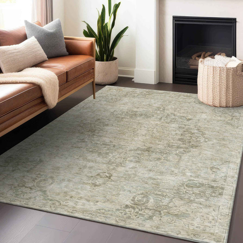 8' X 10' Sage Floral Medallion Washable Indoor Outdoor Area Rug