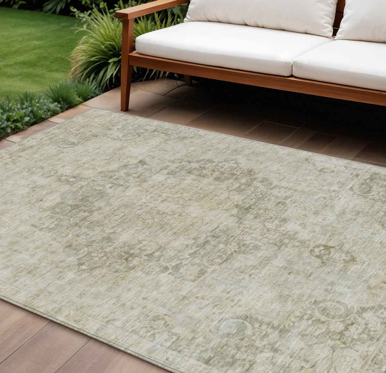 8' X 10' Sage Floral Medallion Washable Indoor Outdoor Area Rug