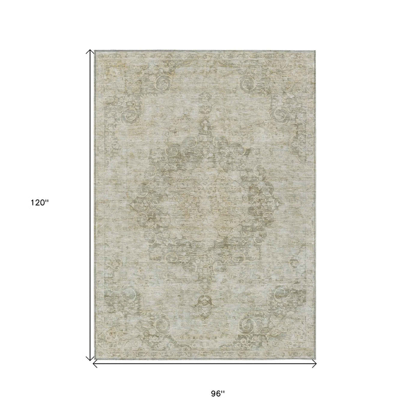 8' X 10' Sage Floral Medallion Washable Indoor Outdoor Area Rug