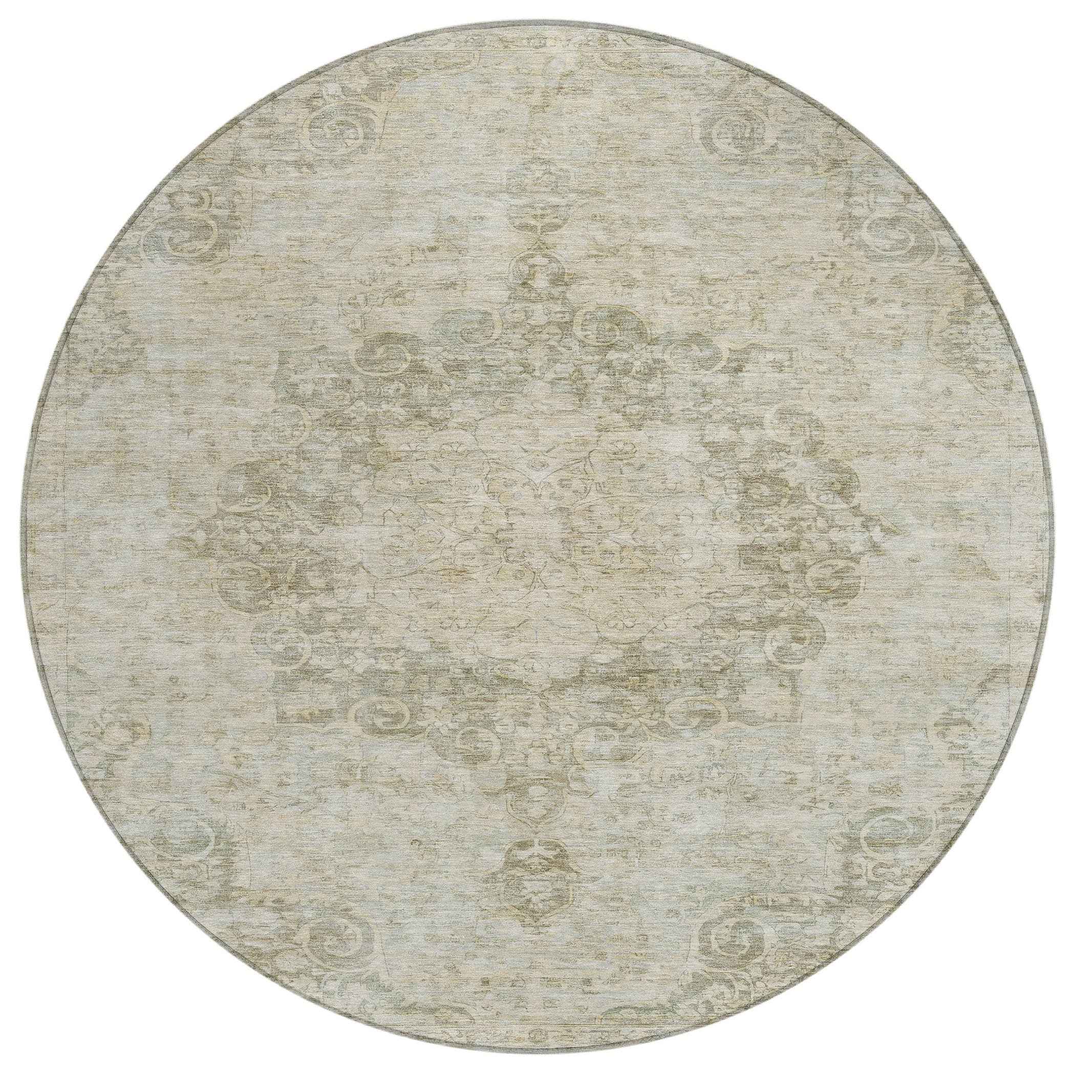 8' Sage Round Floral Medallion Washable Indoor Outdoor Area Rug