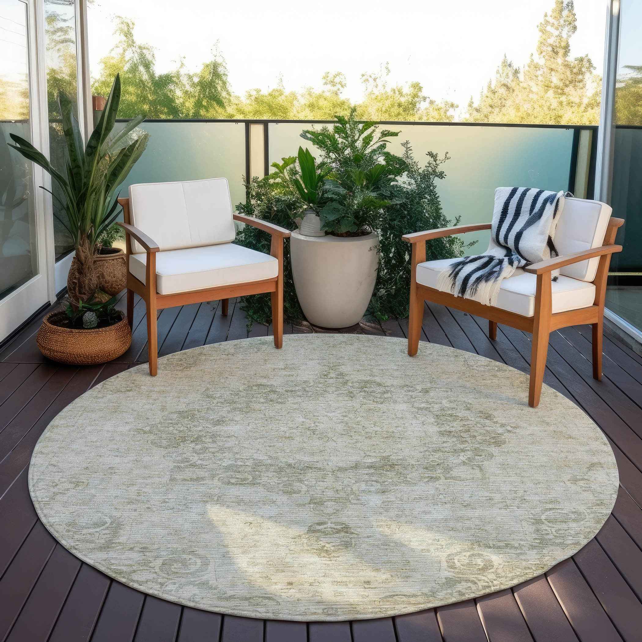 8' Sage Round Floral Medallion Washable Indoor Outdoor Area Rug