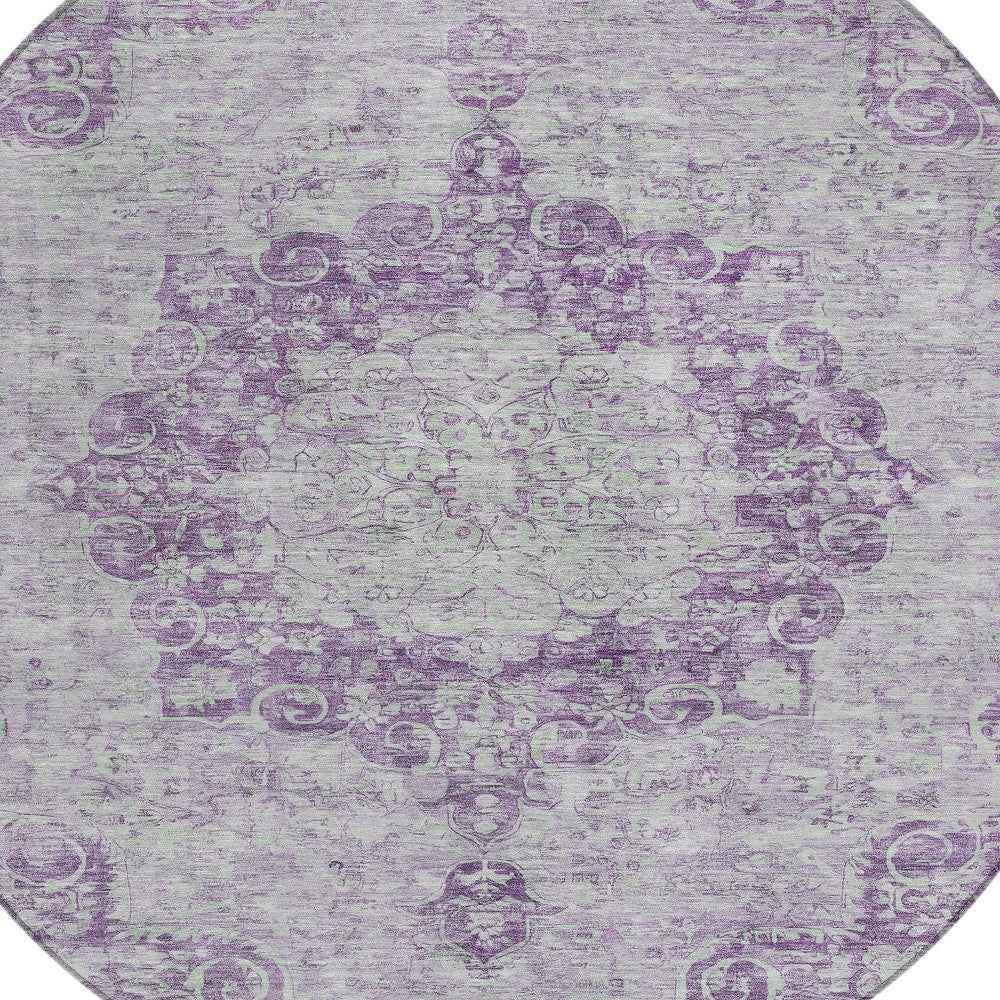 8' Purple Round Floral Medallion Washable Indoor Outdoor Area Rug