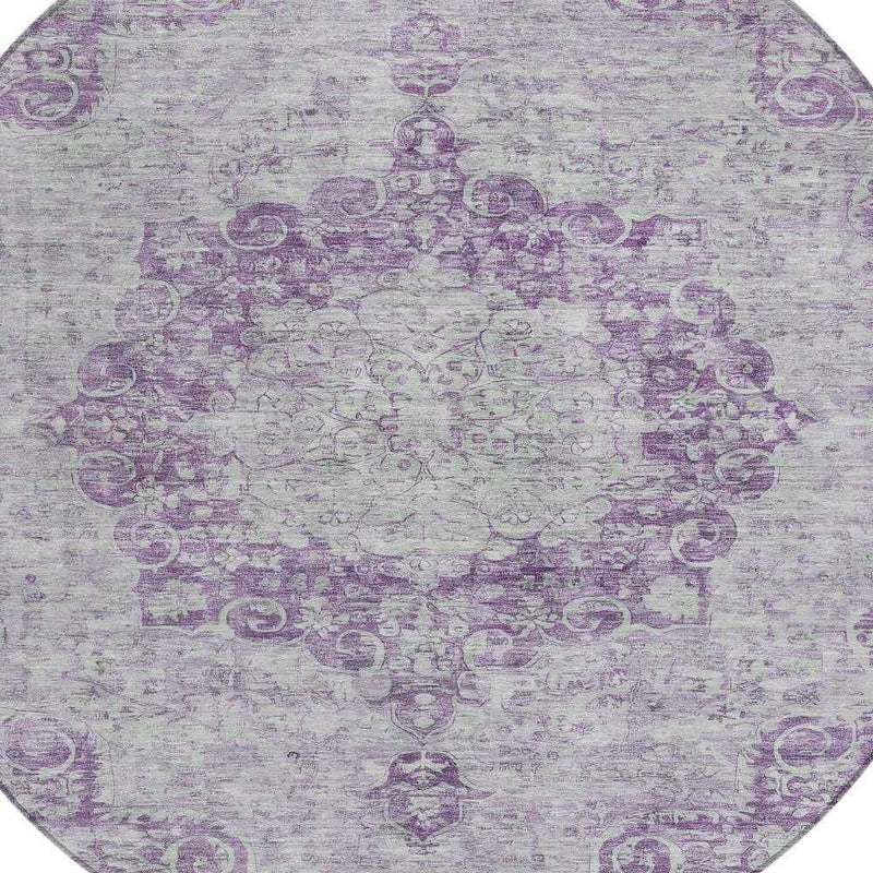 8' Purple Round Floral Medallion Washable Indoor Outdoor Area Rug