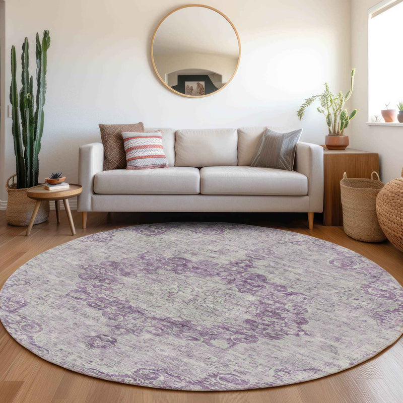 8' Purple Round Floral Medallion Washable Indoor Outdoor Area Rug