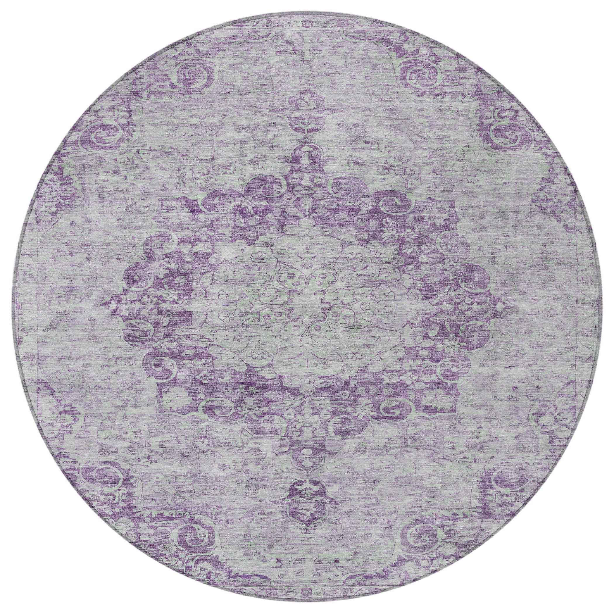 8' Purple Round Floral Medallion Washable Indoor Outdoor Area Rug