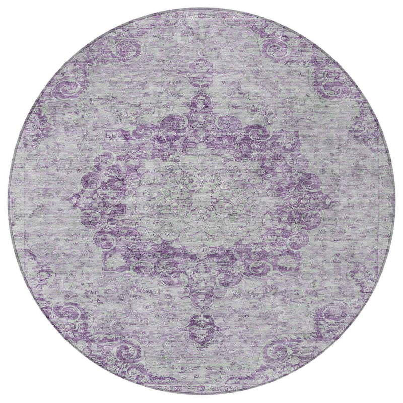 8' Purple Round Floral Medallion Washable Indoor Outdoor Area Rug