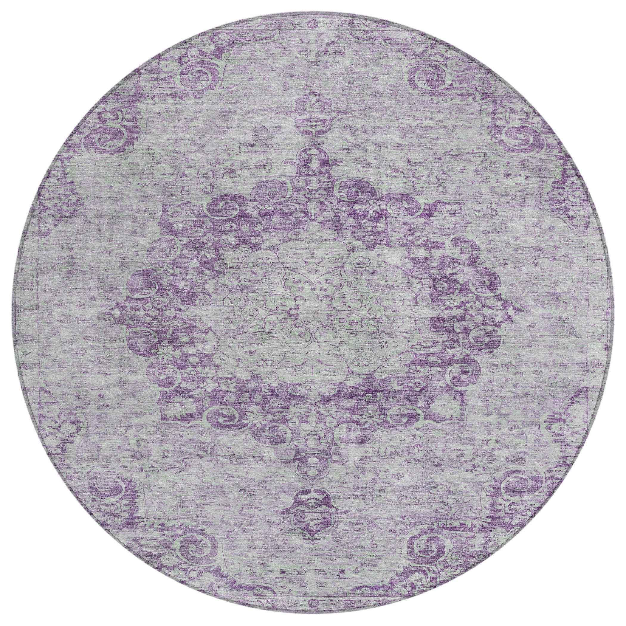 8' Purple Round Floral Medallion Washable Indoor Outdoor Area Rug