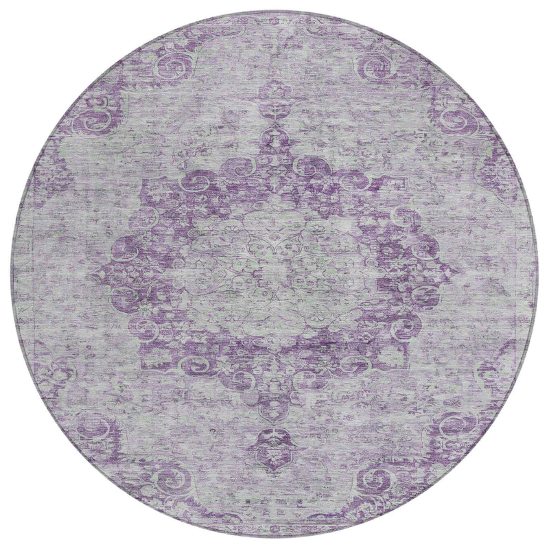 8' Purple Round Floral Medallion Washable Indoor Outdoor Area Rug