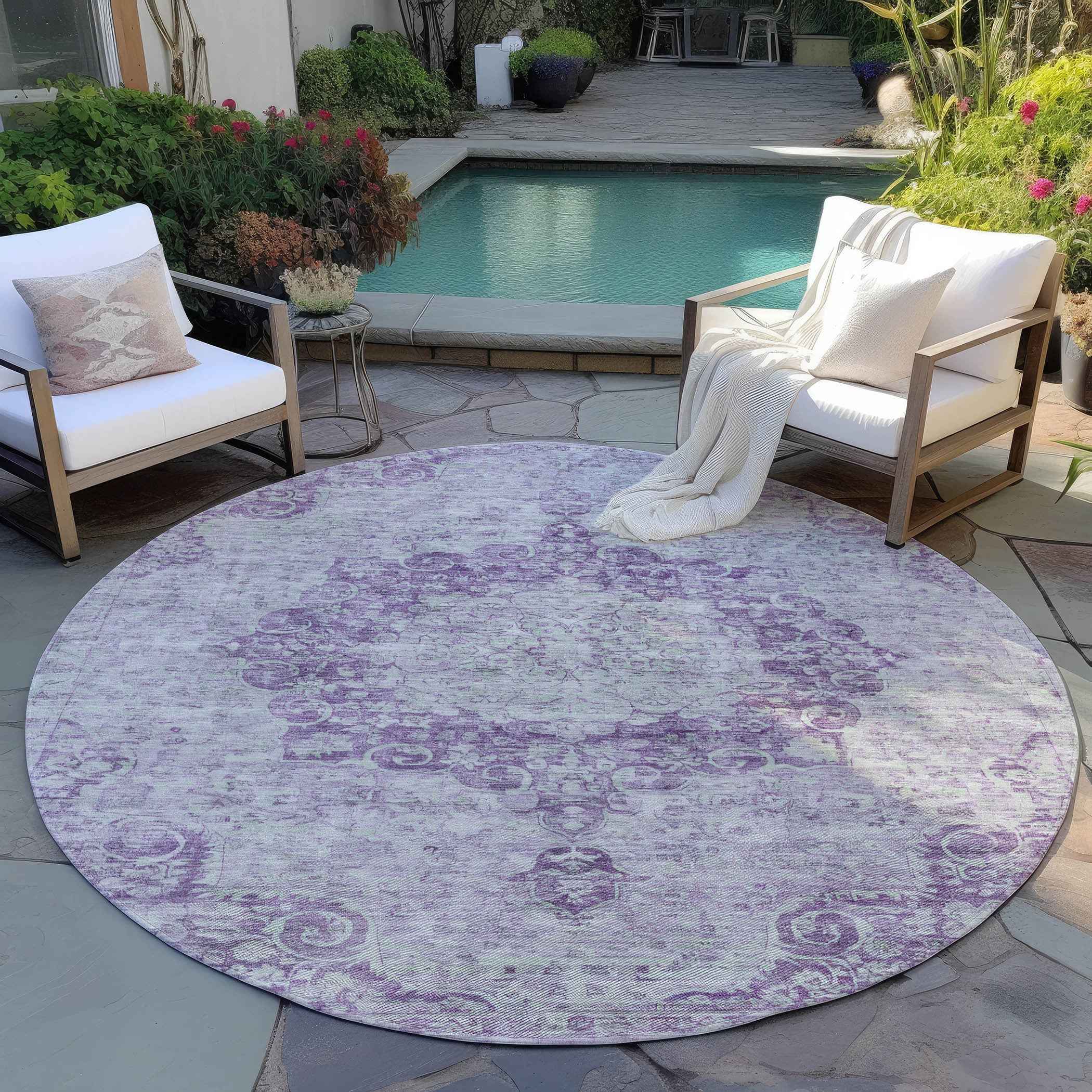 8' Purple Round Floral Medallion Washable Indoor Outdoor Area Rug