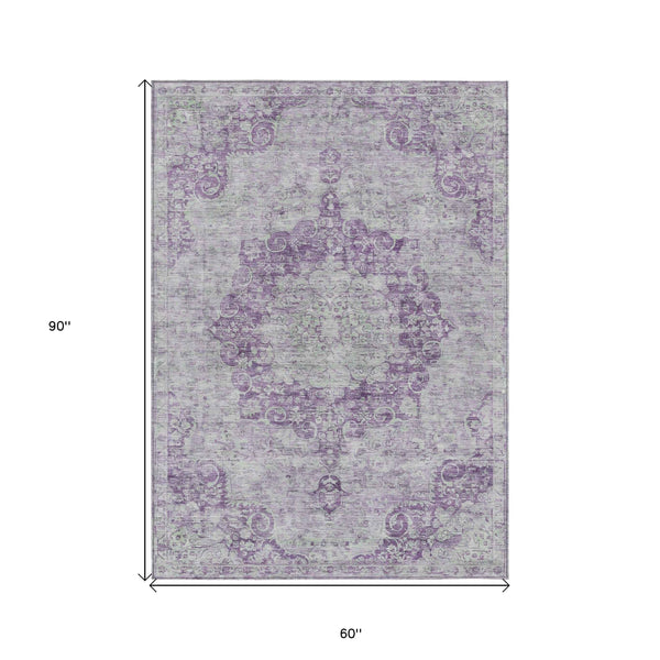 5' X 8' Purple Floral Medallion Washable Indoor Outdoor Area Rug
