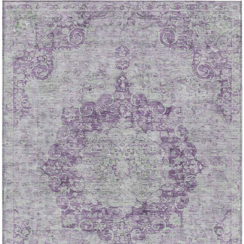 5' X 8' Purple Floral Medallion Washable Indoor Outdoor Area Rug