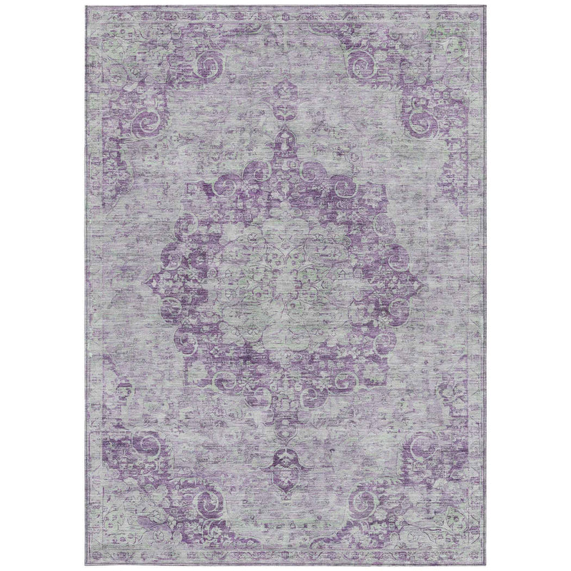 5' X 8' Purple Floral Medallion Washable Indoor Outdoor Area Rug