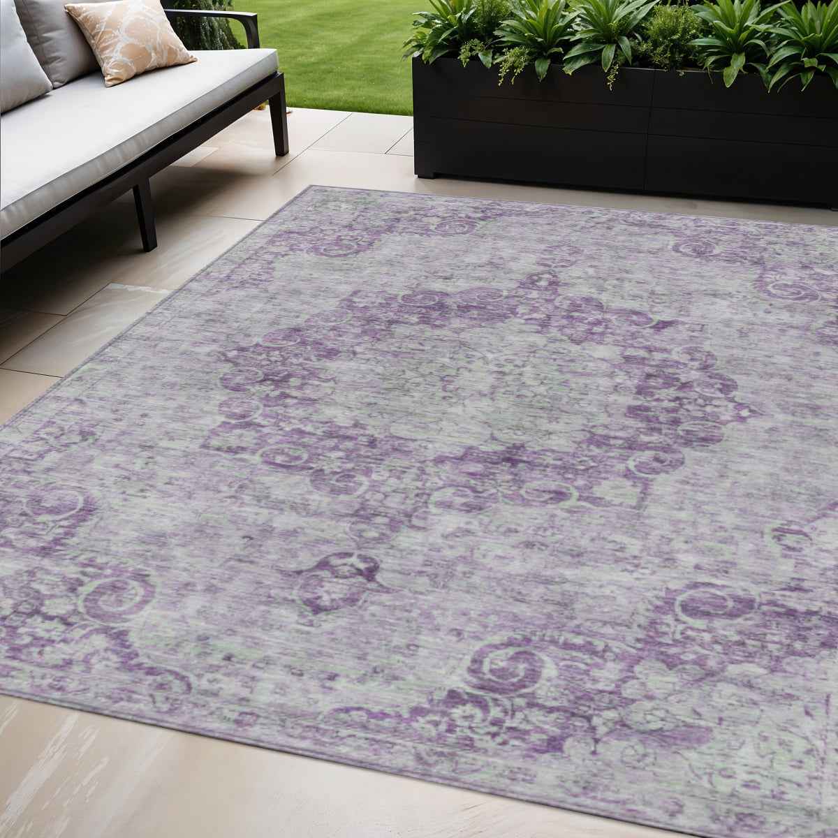 5' X 8' Purple Floral Medallion Washable Indoor Outdoor Area Rug