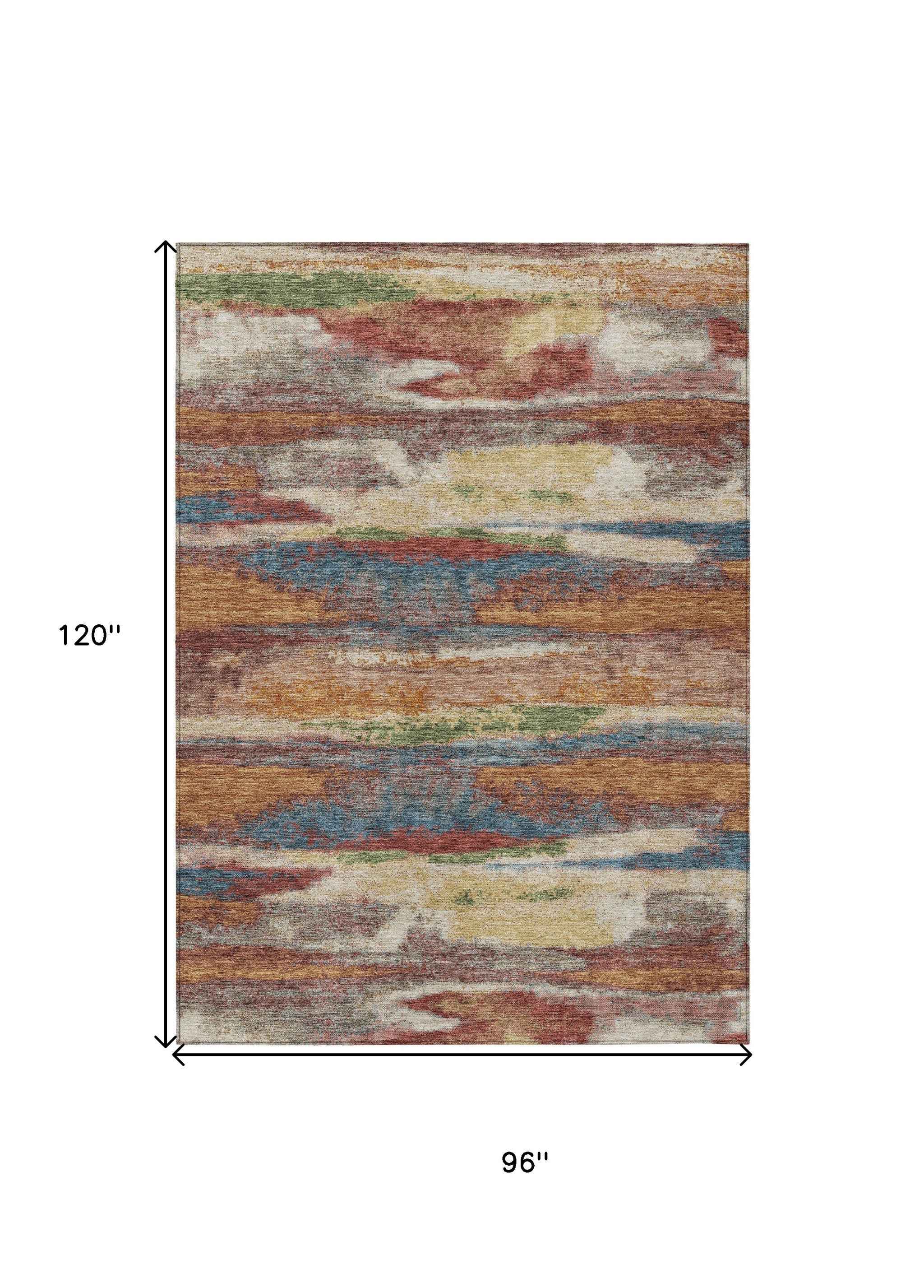 8' X 10' Orange Green And Gold Abstract Washable Indoor Outdoor Area Rug