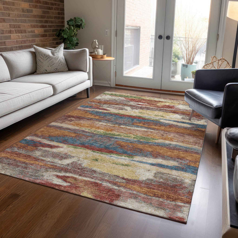 8' X 10' Orange Green And Gold Abstract Washable Indoor Outdoor Area Rug