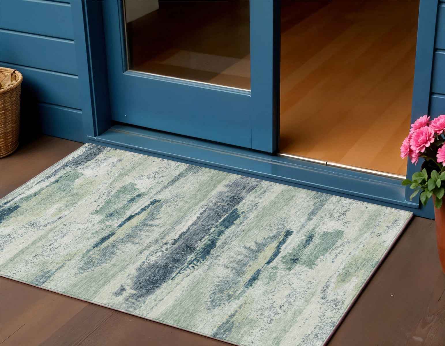 3' X 5' Mint Green Ivory And Denim Blue Abstract Washable Indoor Outdoor Area Rug