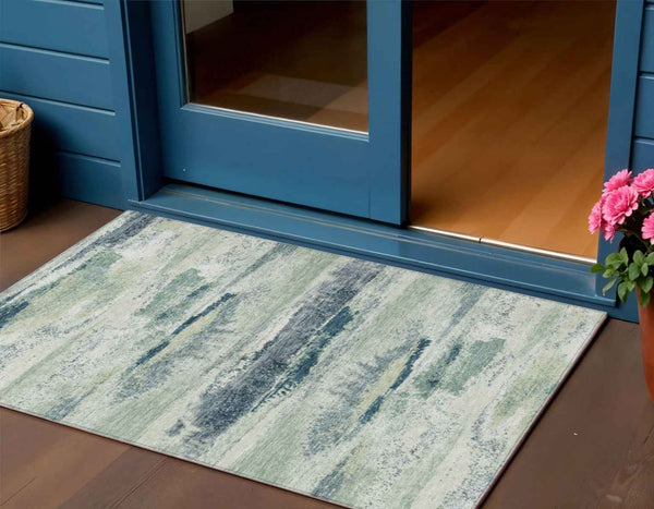 3' X 5' Mint Green Ivory And Denim Blue Abstract Washable Indoor Outdoor Area Rug