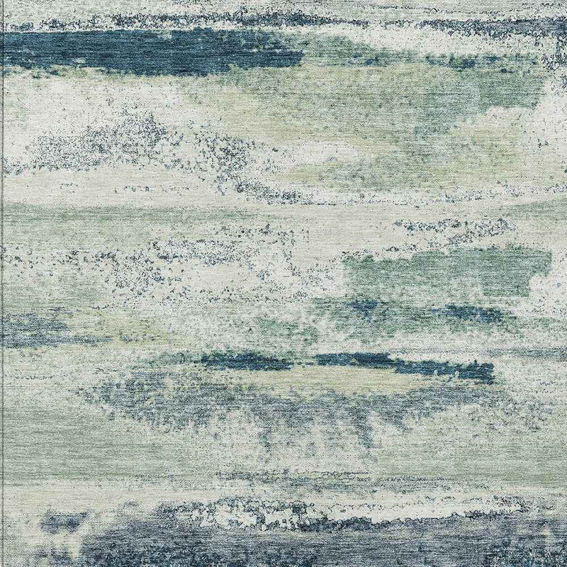 3' X 5' Mint Green Ivory And Denim Blue Abstract Washable Indoor Outdoor Area Rug