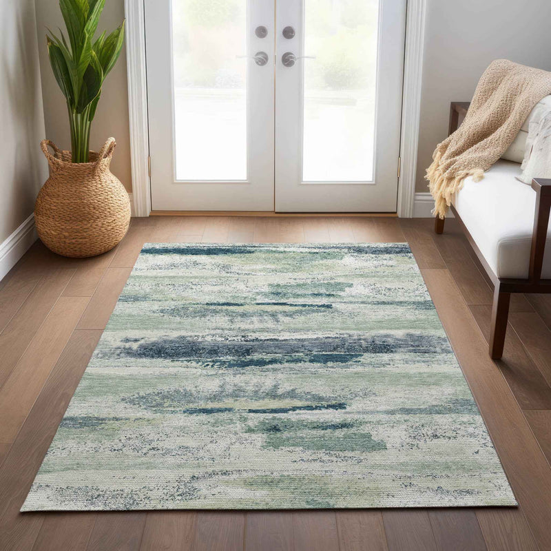 3' X 5' Mint Green Ivory And Denim Blue Abstract Washable Indoor Outdoor Area Rug