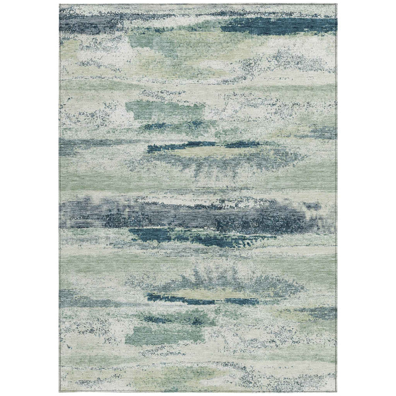 3' X 5' Mint Green Ivory And Denim Blue Abstract Washable Indoor Outdoor Area Rug