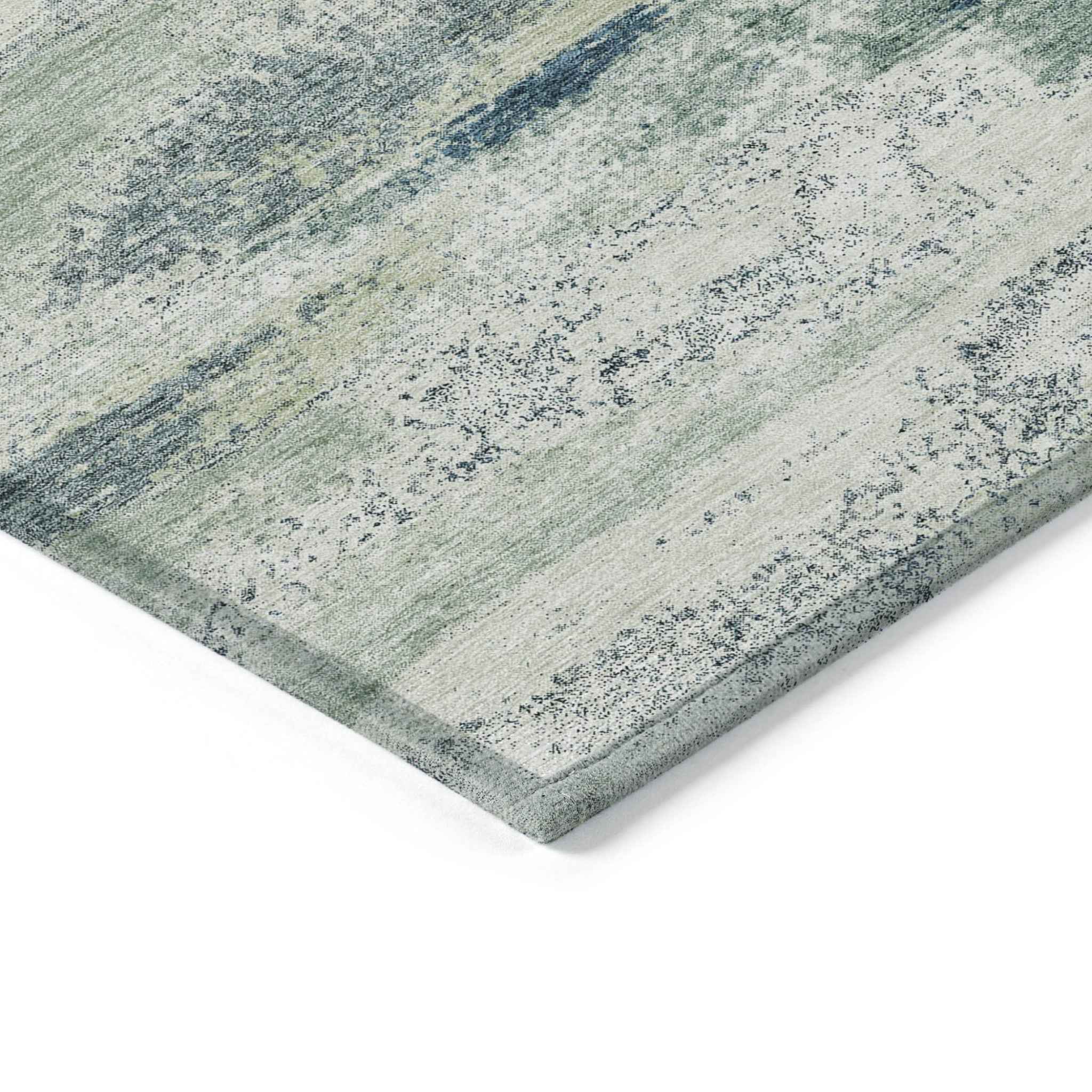 3' X 5' Mint Green Ivory And Denim Blue Abstract Washable Indoor Outdoor Area Rug