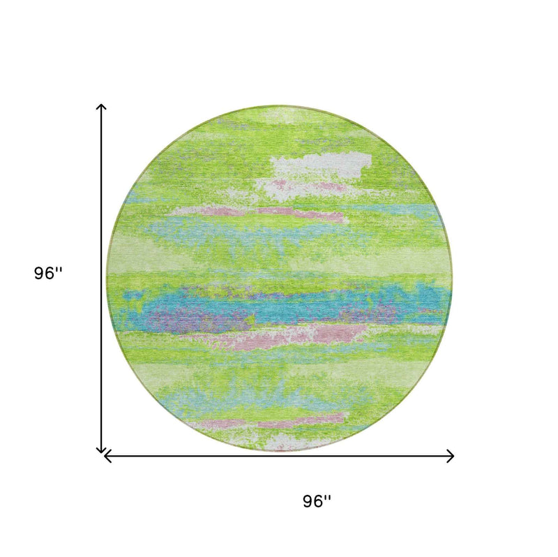 8' Lime Green And Sky Blue Round Abstract Washable Indoor Outdoor Area Rug