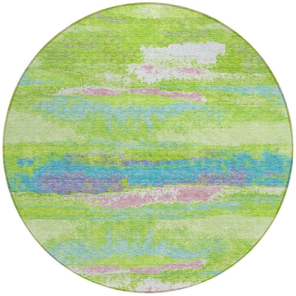 8' Lime Green And Sky Blue Round Abstract Washable Indoor Outdoor Area Rug