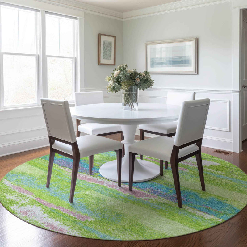 8' Lime Green And Sky Blue Round Abstract Washable Indoor Outdoor Area Rug