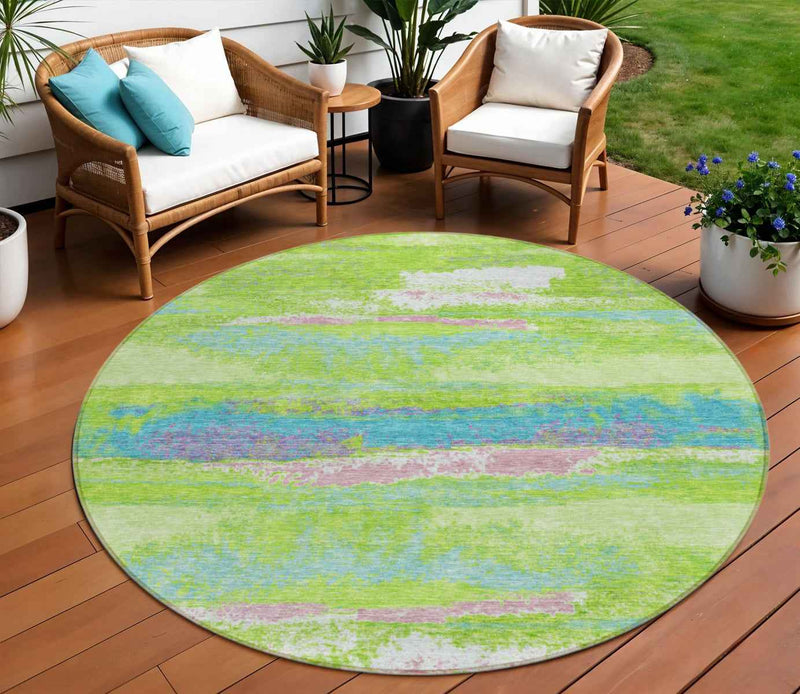 8' Lime Green And Sky Blue Round Abstract Washable Indoor Outdoor Area Rug