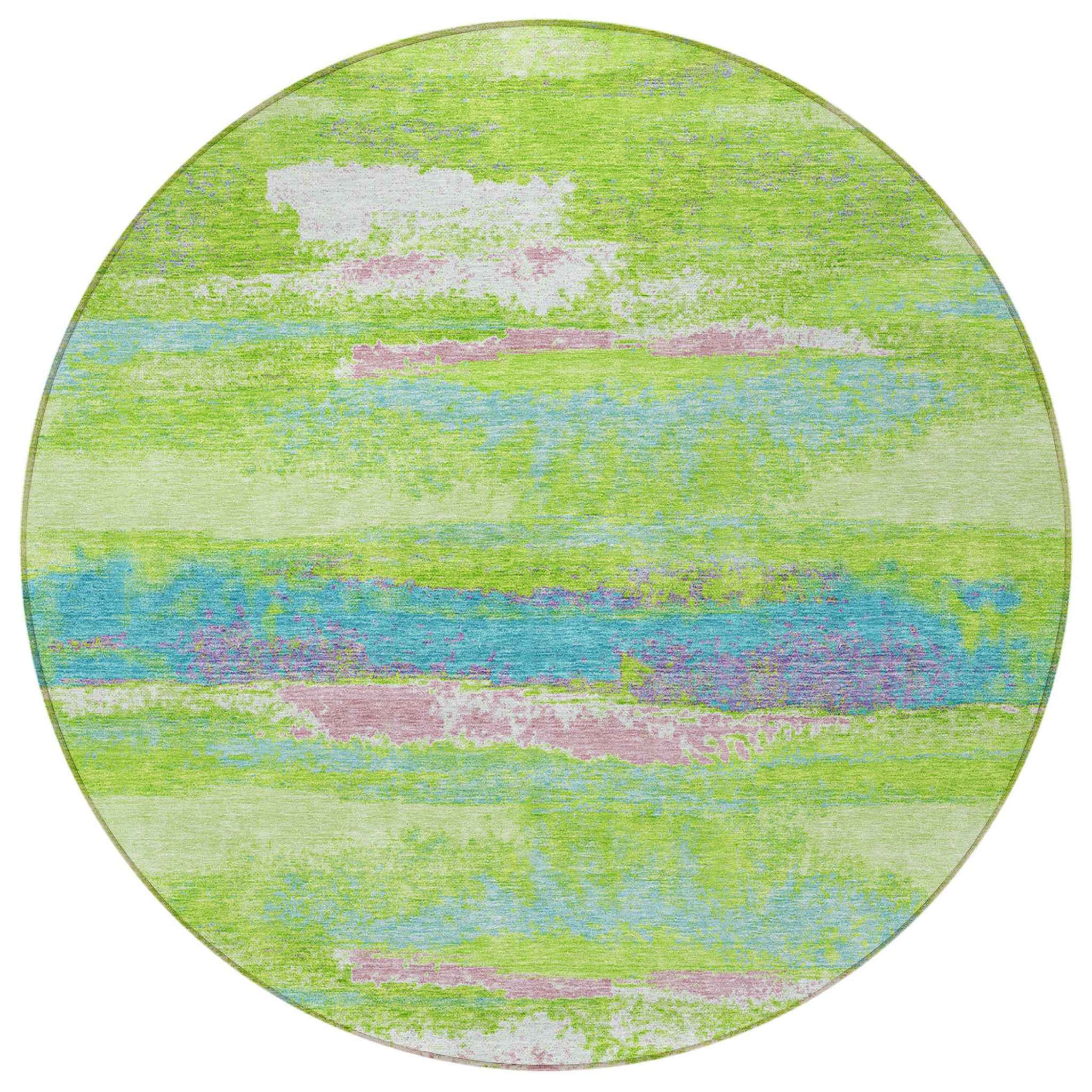 8' Lime Green And Sky Blue Round Abstract Washable Indoor Outdoor Area Rug