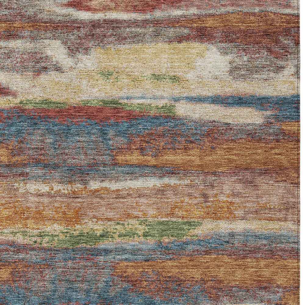 10' X 14' Orange Green And Gold Abstract Washable Indoor Outdoor Area Rug