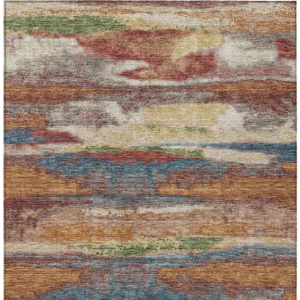 10' X 14' Orange Green And Gold Abstract Washable Indoor Outdoor Area Rug