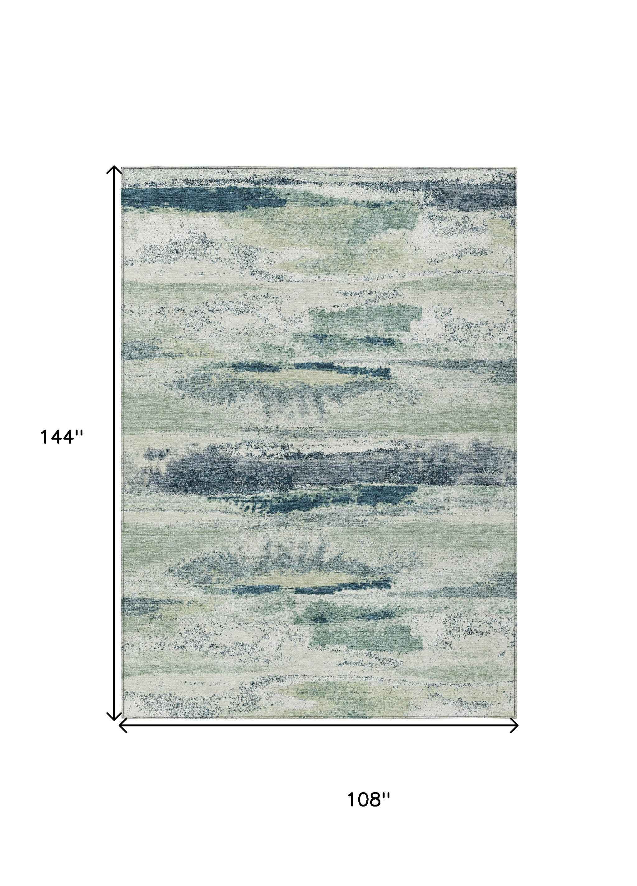 9' X 12' Mint Green Ivory And Denim Blue Abstract Washable Indoor Outdoor Area Rug