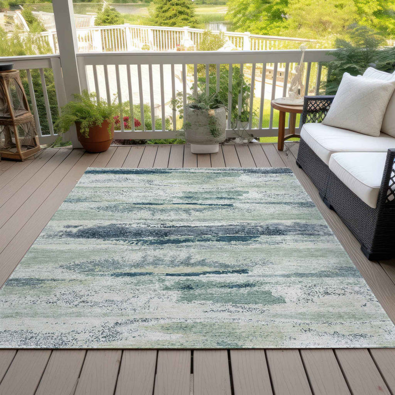 9' X 12' Mint Green Ivory And Denim Blue Abstract Washable Indoor Outdoor Area Rug