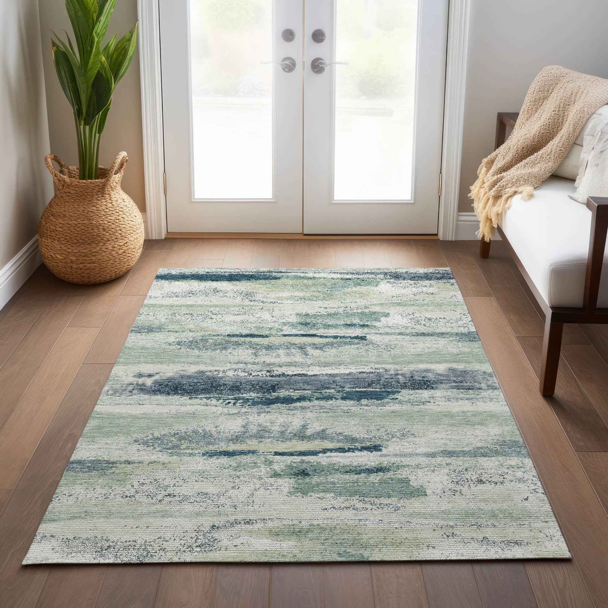 9' X 12' Mint Green Ivory And Denim Blue Abstract Washable Indoor Outdoor Area Rug