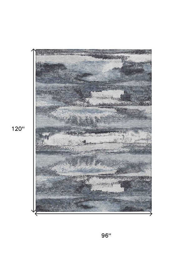 8' X 10' Gray And Silver Abstract Washable Indoor Outdoor Area Rug