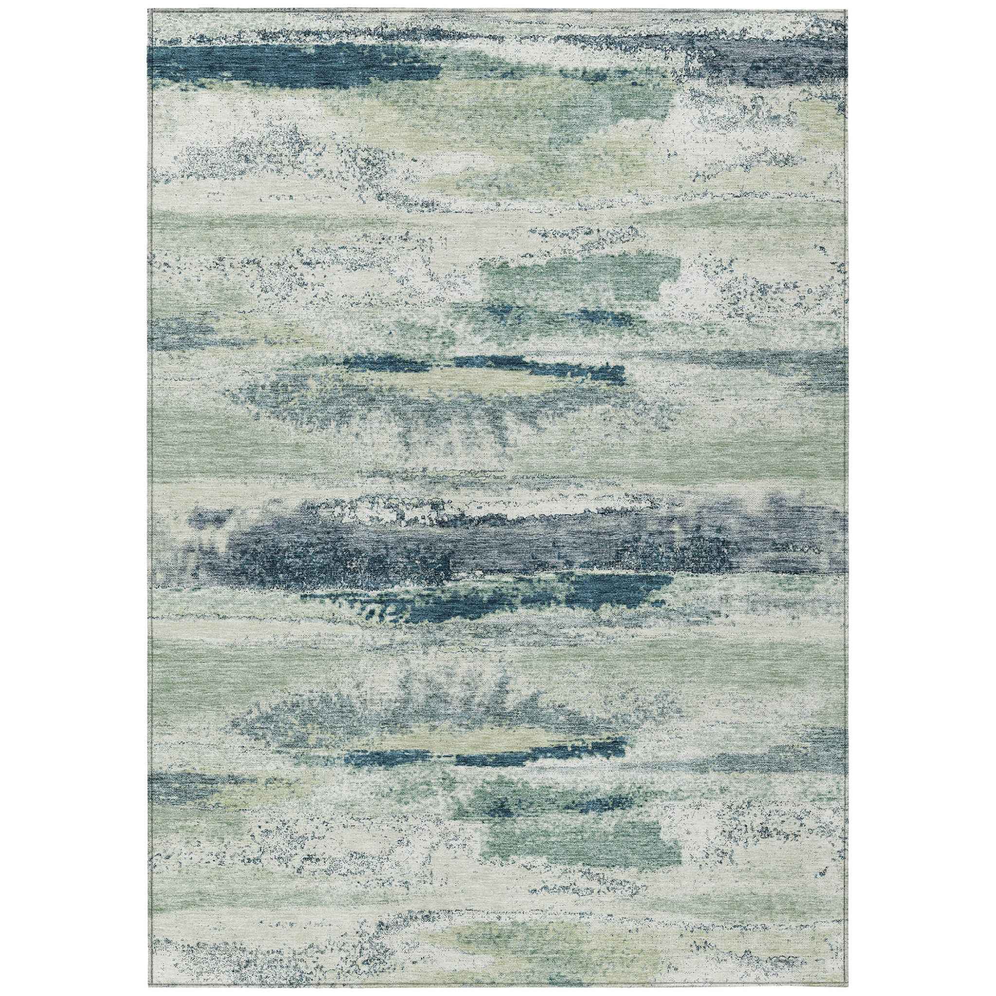 8' X 10' Mint Green Ivory And Denim Blue Abstract Washable Indoor Outdoor Area Rug