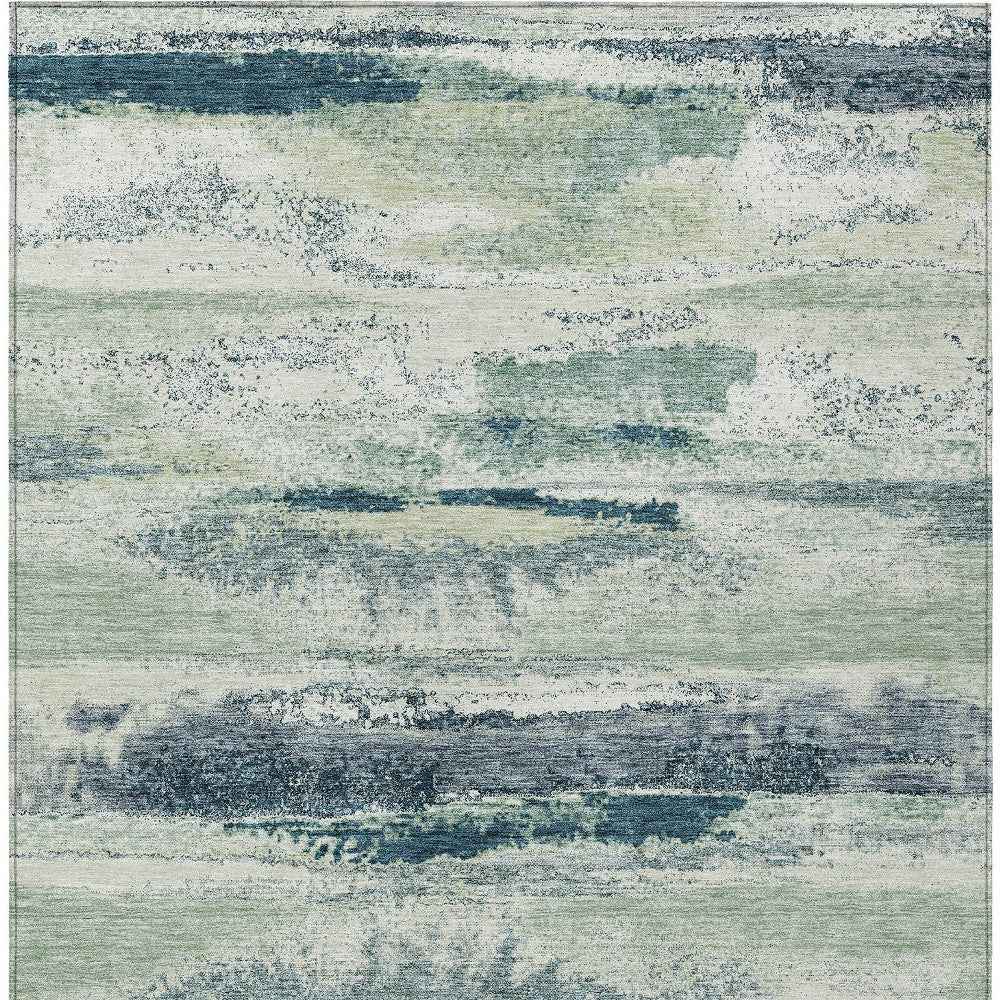 8' X 10' Mint Green Ivory And Denim Blue Abstract Washable Indoor Outdoor Area Rug
