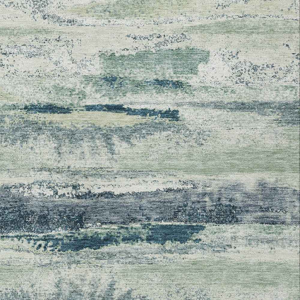 8' X 10' Mint Green Ivory And Denim Blue Abstract Washable Indoor Outdoor Area Rug
