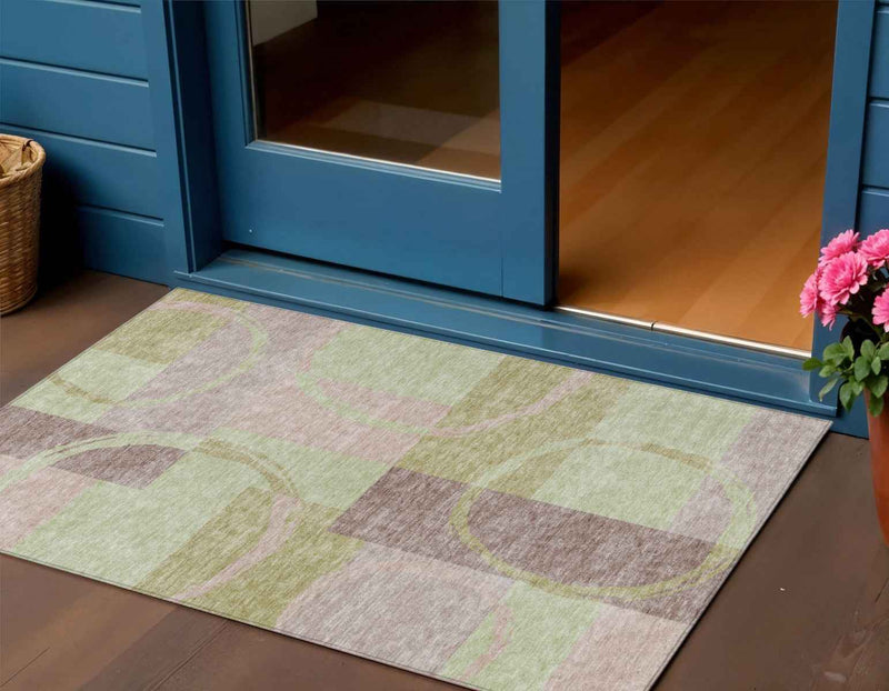 3' X 5' Blush And Mint Green Abstract Washable Indoor Outdoor Area Rug