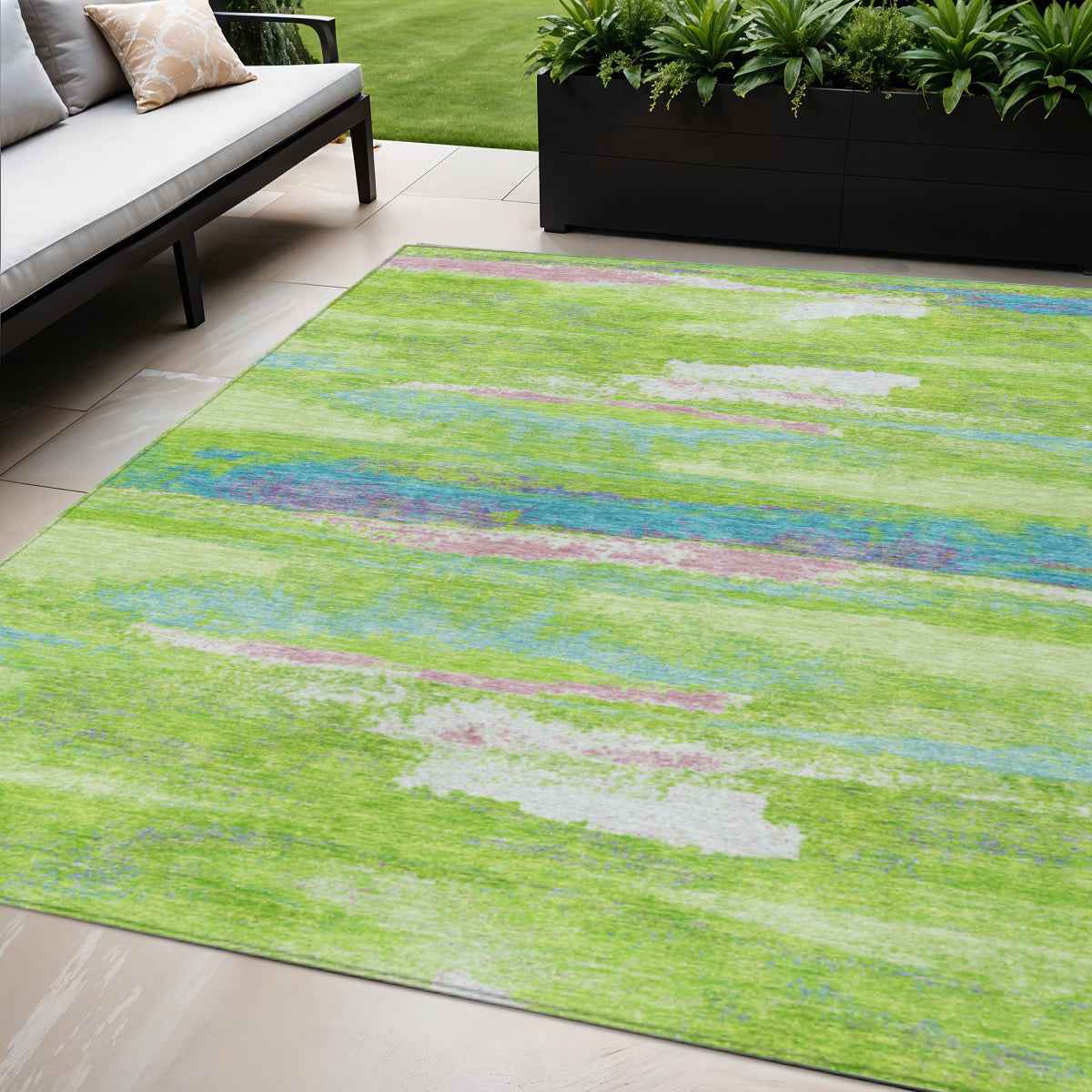 5' X 8' Lime Green And Sky Blue Abstract Washable Indoor Outdoor Area Rug