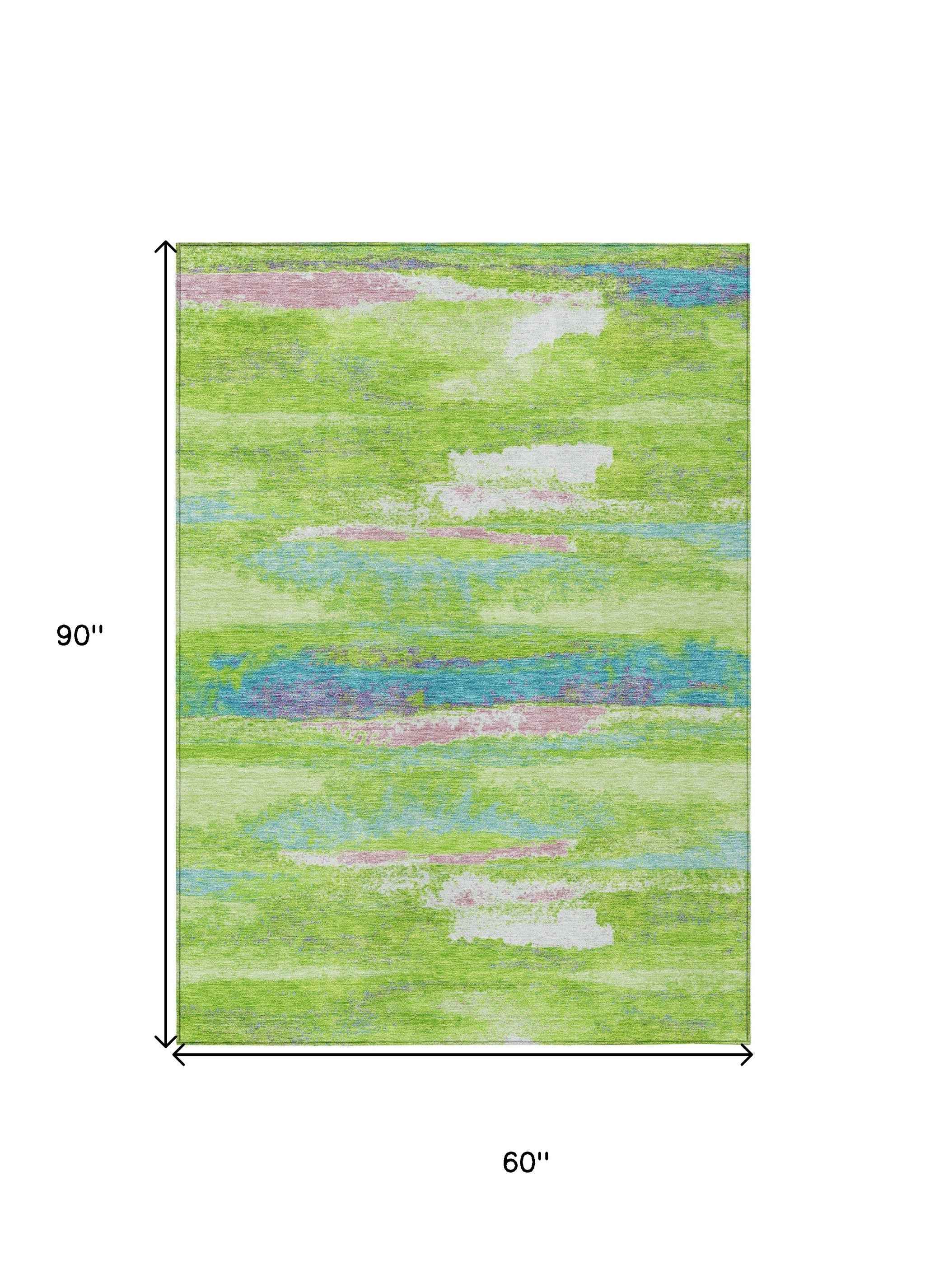 5' X 8' Lime Green And Sky Blue Abstract Washable Indoor Outdoor Area Rug
