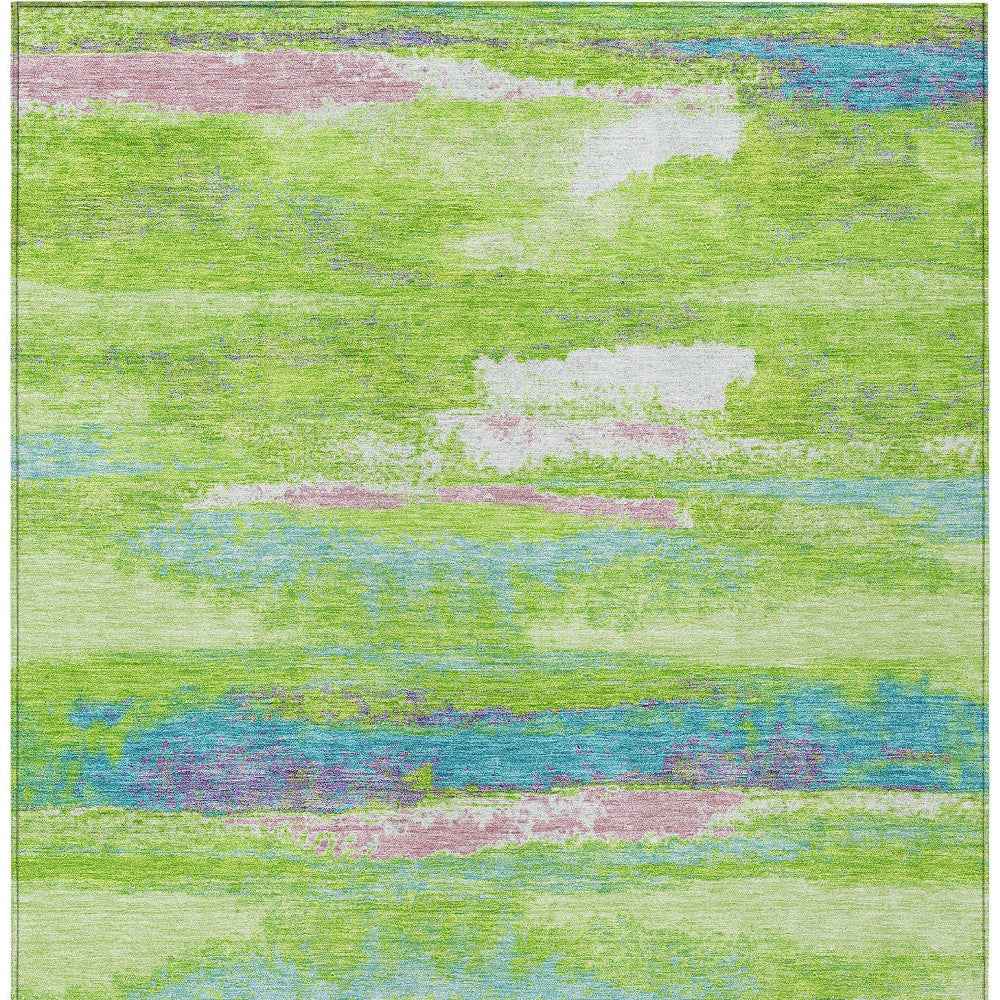 5' X 8' Lime Green And Sky Blue Abstract Washable Indoor Outdoor Area Rug
