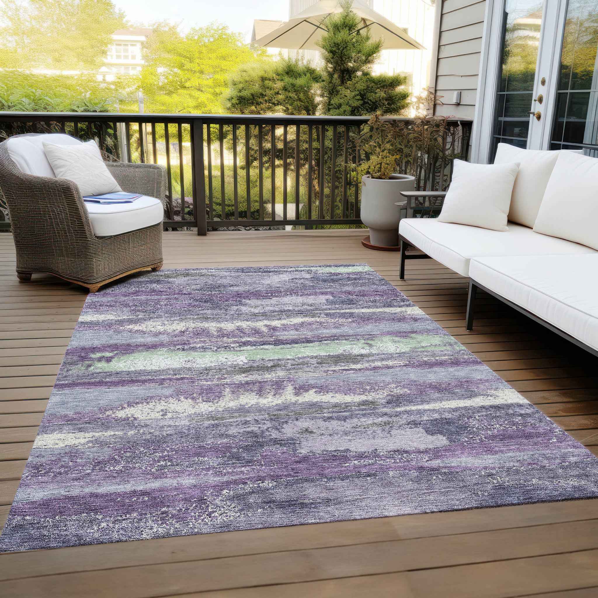 9' X 12' Purple And Lavender Abstract Washable Indoor Outdoor Area Rug