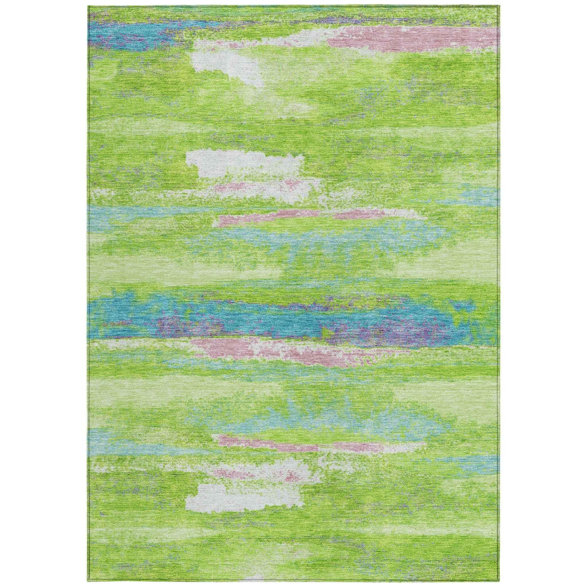 8' X 10' Lime Green And Sky Blue Abstract Washable Indoor Outdoor Area Rug