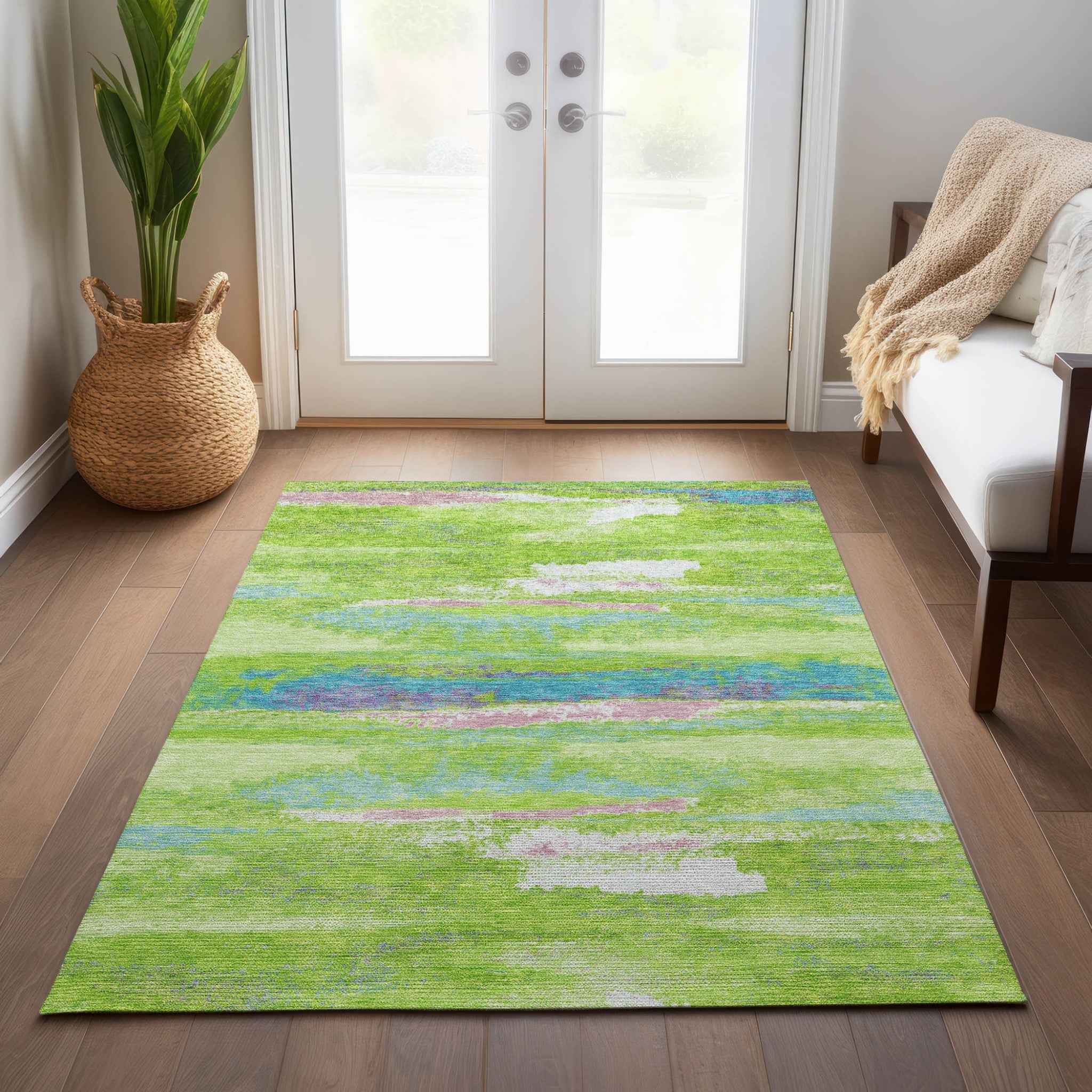 8' X 10' Lime Green And Sky Blue Abstract Washable Indoor Outdoor Area Rug