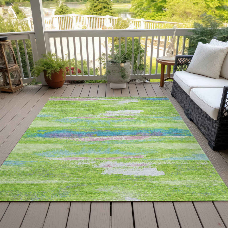 8' X 10' Lime Green And Sky Blue Abstract Washable Indoor Outdoor Area Rug
