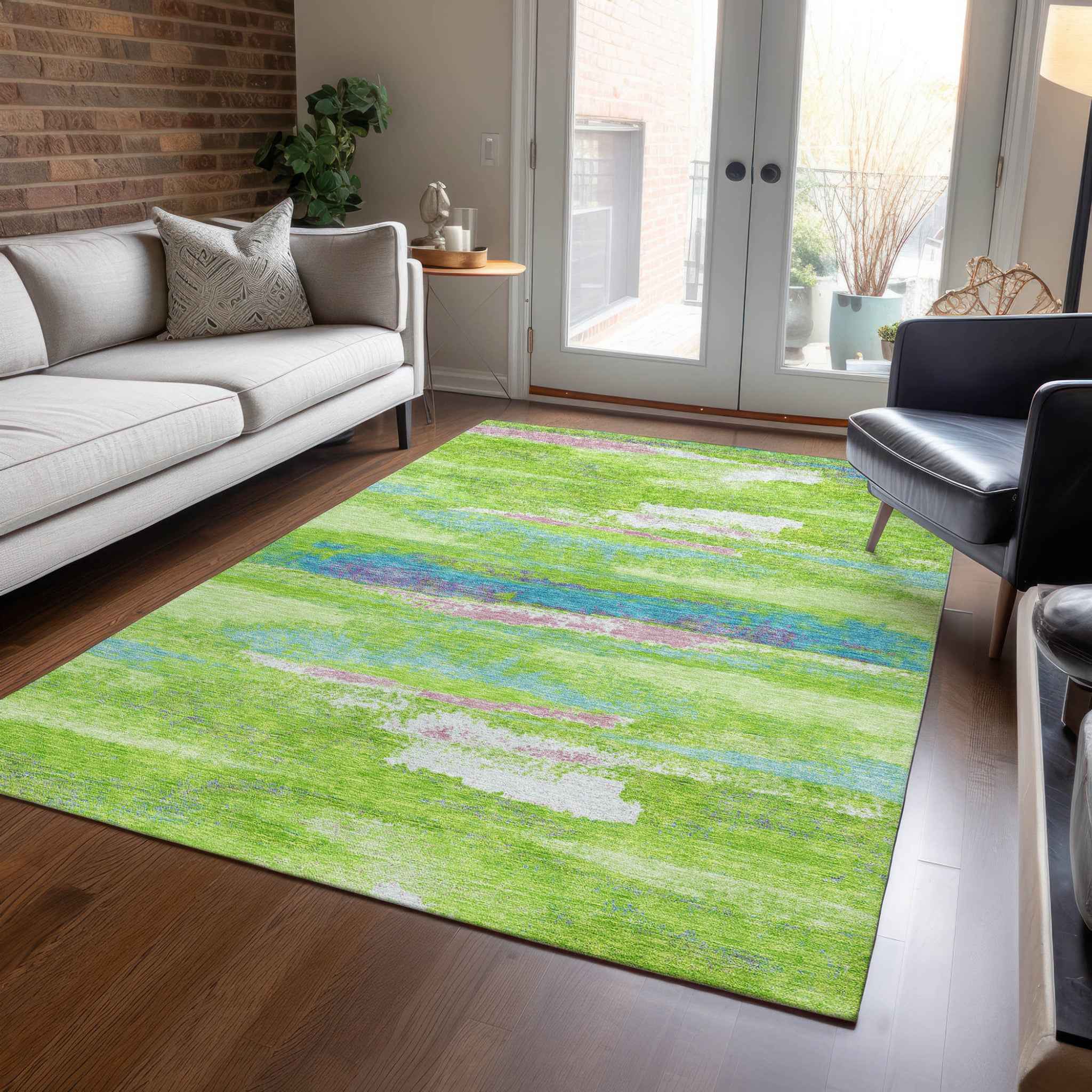 8' X 10' Lime Green And Sky Blue Abstract Washable Indoor Outdoor Area Rug